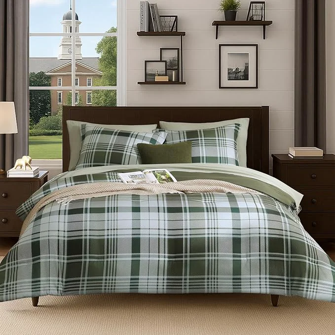 Sustainable MaiRêve Plaid Queen Comforter Sets Olive Green Classic Farmhouse Bedding Set Bed in a Bag 7 Pieces Lightweight All Season Comforter Set with Fitted amp Flat Sheet Pillowcases amp Shams Contemporary
