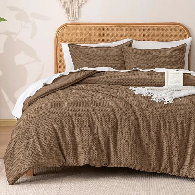 Advanced PHF Soft Waffle Comforter Set Queen Size- Comfy Breathable Waffle Weave Comforter with 2 Pillow Shams 3 Pieces Less Snagging Lightweight Textured Bedding Set for All Season Mocha Durable