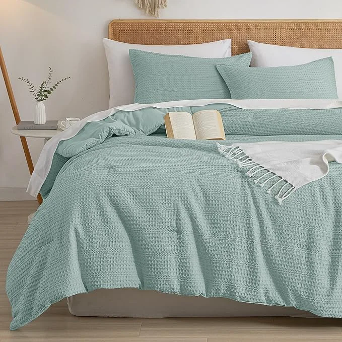 Safe PHF Soft Waffle Comforter Set Queen Size- Comfy Breathable Waffle Weave Comforter with 2 Pillow Shams 3 Pieces Less Snagging Lightweight Textured Bedding Set for All Season Aqua Easy-to-Use