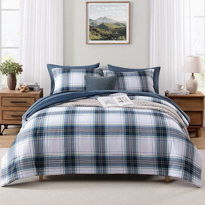 Convenient MaiRêve Full Size Plaid Comforter Set Blue White Classic 7 Pieces Farmhouse Bedding Set All Season Lightweight Bed in A Bag with Sheets Pillowcases amp Shams High-Quality