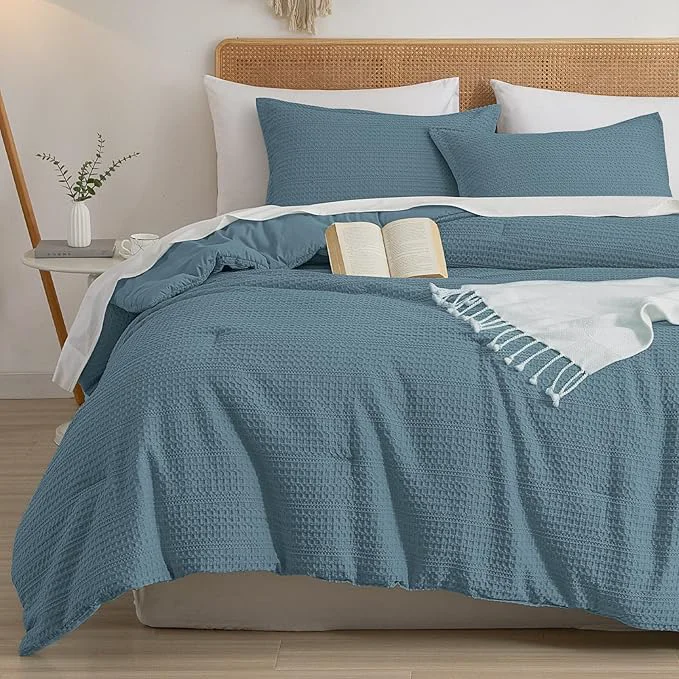 Stylish PHF Soft Waffle Comforter Set King Size- Comfy Breathable Waffle Weave Comforter with 2 Pillow Shams 3 Pieces Less Snagging Lightweight Textured Bedding Set for All Season Stormy Blue Selected