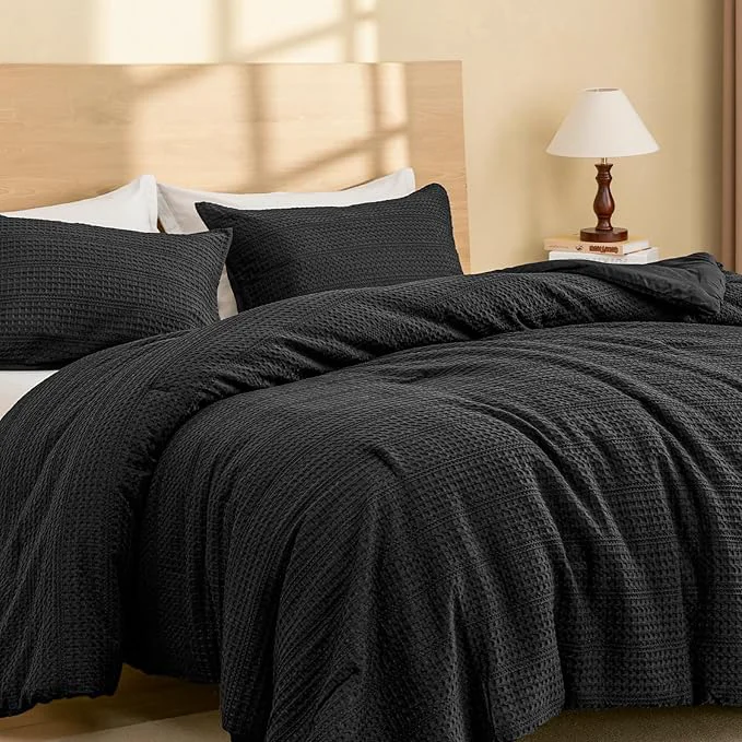 Easy-to-Use PHF Soft Waffle Comforter Set King Size- Comfy Breathable Waffle Weave Comforter with 2 Pillow Shams 3 Pieces Less Snagging Lightweight Textured Bedding Set for All Season Black Functional