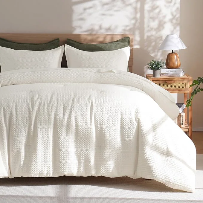 Healthy PHF Soft Waffle Comforter Set Queen Size- Comfy Breathable Waffle Weave Comforter with 2 Pillow Shams 3 Pieces Less Snagging Lightweight Textured Bedding Set for All Season Cream User-Friendly