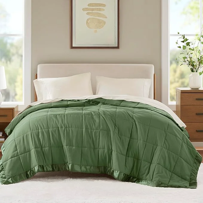 Organic Madison Park Twin Blanket Quilted Microfiber Satin Binding 3M Scotchgard Moisture Wicking Treatment Soft and Lightweight Summer Blanket for Couch Windom Twin Green Relaxed