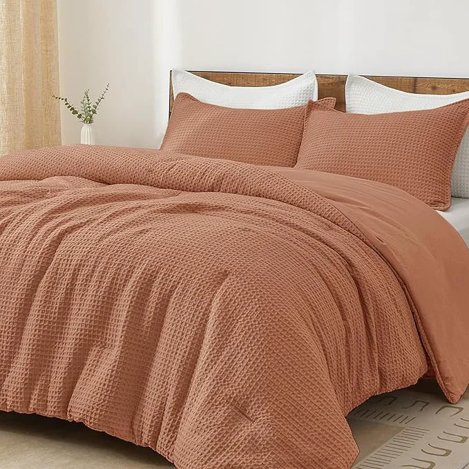 PHF Ultra Soft Waffle Weave Comforter Set King Size 3 Pieces Lightweight Breathable Comfy Bedding Set Comfy Textured 1 Comforter with 2 Pillow Shams Terra Cotta Dependable
