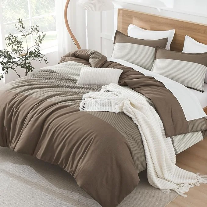Fashionable Litanika Comforter Set Full Size Coffee – 3 Pieces Lightweight Colorblock Stripe Fluffy Bedding Comforter Sets All Season Bed Set Next-Generation