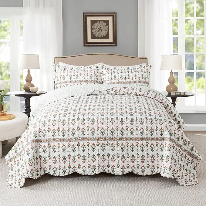 Premium Material Travan 3-Piece Quilt Set Quilted Bedspread Lightweight Coverlet Set Garden Style Floral Printed Oversized Quilted Bedding Set for All Season Orange Mirror King Size Effective