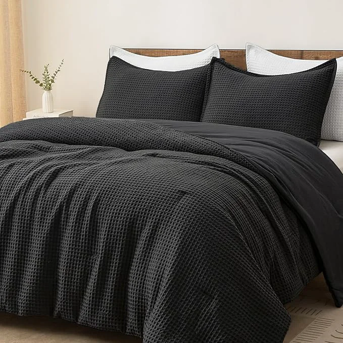 Traditional PHF Ultra Soft Waffle Weave Comforter Set Twin Size 2 Pieces Lightweight Breathable Comfy Bedding Set Comfy Textured 1 Comforter with 1 Pillow Shams Black Reusable