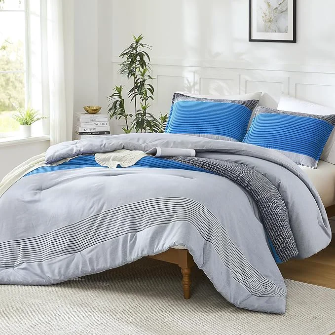 Functional Litanika Blue Grey Bed Comforter Twin Comforter Boys Men Striped Bedding Comforter Set 2 Pieces Lightweight Soft All Season Down Comforter Breathable