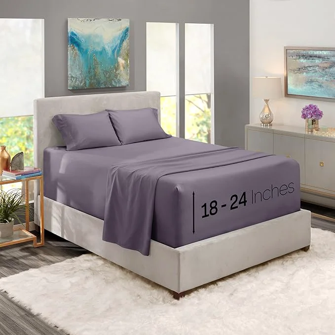 World-Class Nestl Twin XL Size Sheet Set 4 Piece Extra Deep Pocket 18-24 inches Microfiber Hotel Luxury Soft Breathable Wrinkle- Easy to Care Grayish Purple Relaxed