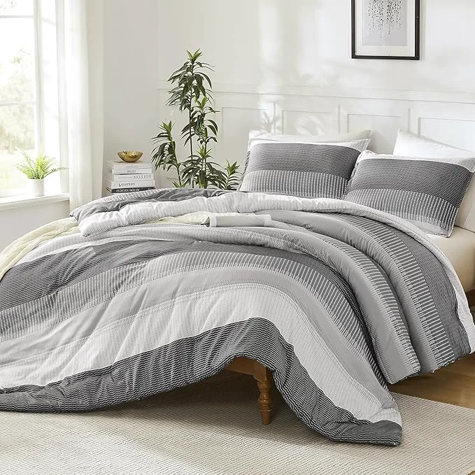 Top-Quality Litanika Dark Grey California King Comforter Set – 3 Pieces Cal King Oversized Lightweight Summer Colorblock Stripe Bedding Set 104x96In 2 Pillowcases Selected