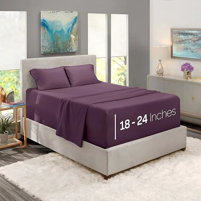 Top-Quality Nestl Twin XL Size Sheet Set 4 Piece Extra Deep Pocket 18-24 inches Microfiber Hotel Luxury Soft Breathable Wrinkle- Easy to Care Purple Modern
