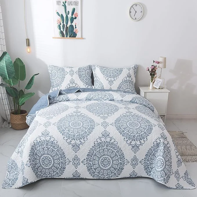 Easy-to-Use Travan 3-Piece Quilt Set Quilted Bedspread Lightweight Coverlet Set Floral Printed Oversized Quilted Bedding Set with Shams for All Season Blue Floral Queen Size Contemporary