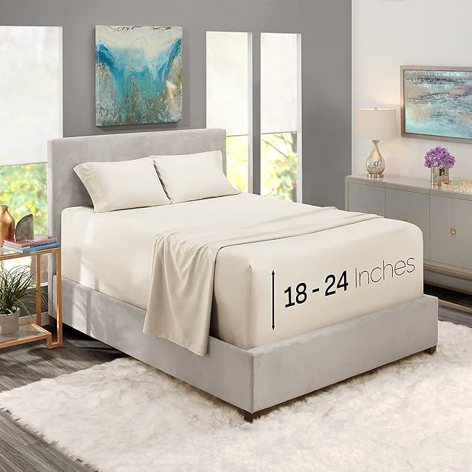 Proven Nestl Twin Size Sheet Set 4 Piece Extra Deep Pocket 18-24 inches Microfiber Hotel Luxury Soft Breathable Wrinkle- Easy to Care Off White Reusable