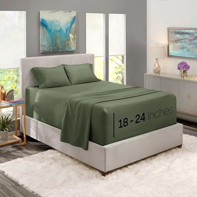 Eco-Friendly Nestl King Size Sheet Set 4 Piece Extra Deep Pocket 18-24 inches Microfiber Hotel Luxury Soft Breathable Wrinkle- Easy to Care Olive Green Versatile