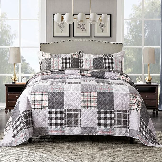 Premium Material Travan Quilt Set 3-Piece Oversized Quilted Bedspread Coverlet Set Grey European British Grid Patchwork Bedding Set King Size Eco-Friendly