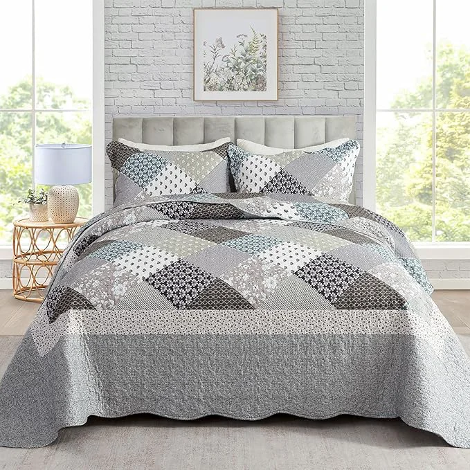 Excellent Travan 3-Piece Quilt Set Quilted Bedspread Garden Style Floral Printed Oversized Microfiber Lightweight Coverlet Set with Shams Exquisite King Size Fine Crafted