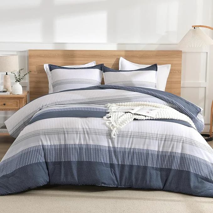 Eco-Friendly Litanika Oversized King Comforter Set Black Blue 120×98-3 Pieces Lightweight Colorblock Stripe Fluffy Bedding Comforter Sets All Season Bed Set Fine