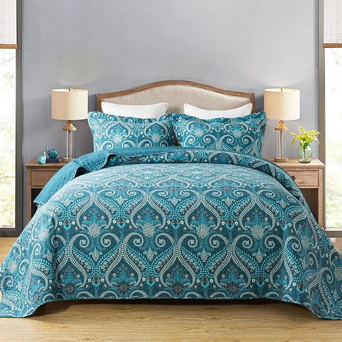 Efficient Travan 3-Piece Cotton Quilt Set Quilted Bedding Set for All Season Cyan Blue Flower Queen Size Trusted