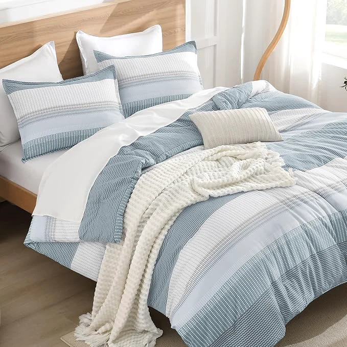 Efficient Litanika Comforter Set – Lightweight Quilt Bedding Comforter Sets Colorblock Stripe Fluffy Bed Set All Season Down Queen Light Blue Practical