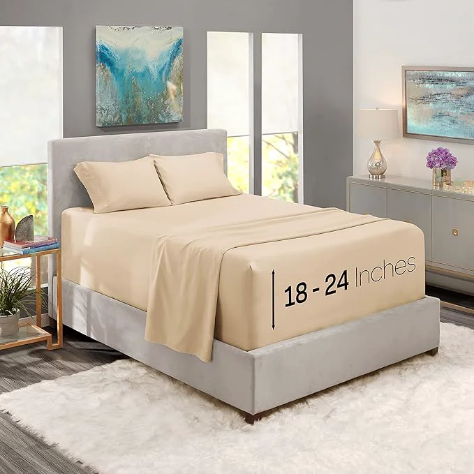 Sophisticated Nestl California King Size Sheet Set 4 Piece Extra Deep Pocket 18-24 inches Microfiber Hotel Luxury Soft Breathable Wrinkle- Easy to Care Beige Cream Clean