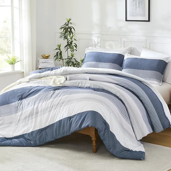 Luxury Litanika Mineral Blue Comforter Set Oversized Queen – 3 Pieces Lightweight Mineral Blue White Colorblock Stripe Fluffy Bedding Comforter Sets All Season Bed Set Trusted