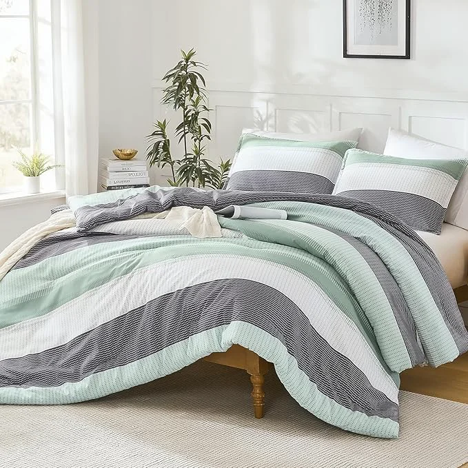 World-Class Litanika Queen Comforter Set Sage Green – 3 Pieces Lightweight Quilt Bedding Comforter Sets Light Green White Colorblock Stripe Fluffy Bed Set All Season Down Durable