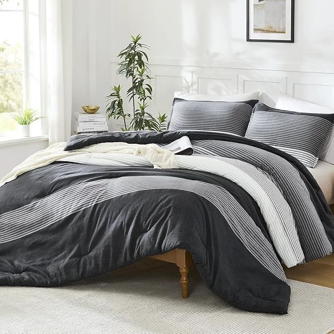Enhanced Litanika Queen Comforter Set Black White Grey – 3 Pieces Lightweight Summer Bedding Set All Season Down Comforter 1 Comforter 2 Pillowcases Clean