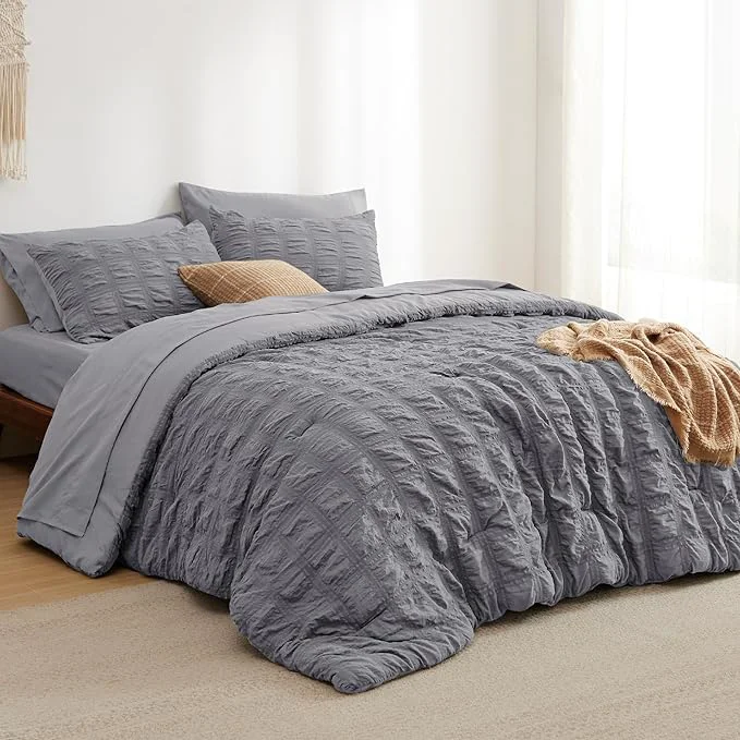 Premium Bedsure Bed in a Bag Twin – 5 Pieces Plaid Seersucker Bedding Comforter Sets Soft Lightweight Grey Boho Bed Set with Comforters Twin Size Sheets Pillowcase amp Sham Modern