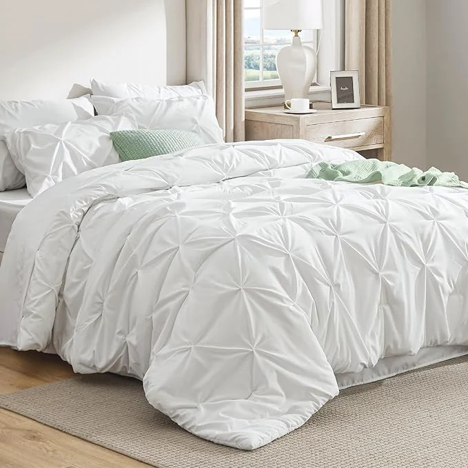 Genuine Bedsure Twin Comforter Set White – Bed in a Bag Twin Size Bedding 5 Pieces GentleSoft™ Pintuck Bed Set Gift for Family Pinch Pleat White Comforter with Sheets Pillowcase amp Sham Advanced