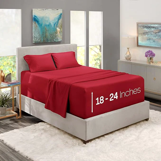 Lightweight Nestl King Size Sheet Set 4 Piece Extra Deep Pocket 18-24 inches Microfiber Hotel Luxury Soft Breathable Wrinkle- Easy to Care Burgundy Red Specialty