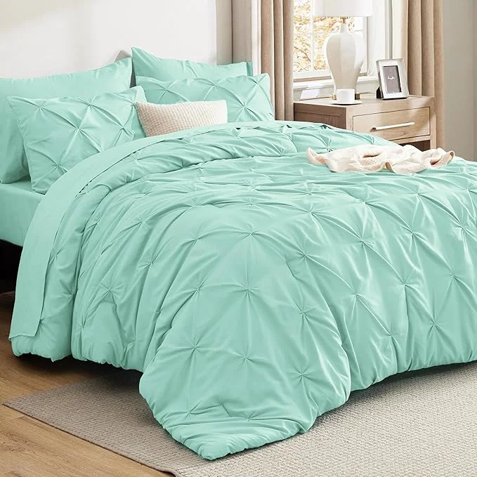 Trendy Bedsure Queen Comforter Set Mint Green – Bed in a Bag Queen Size Bedding 7 Pieces GentleSoft™ Pintuck Bed Set Gift for Family Pinch Pleat All Season Comforter with Sheets Pillowcases amp Shams Smart