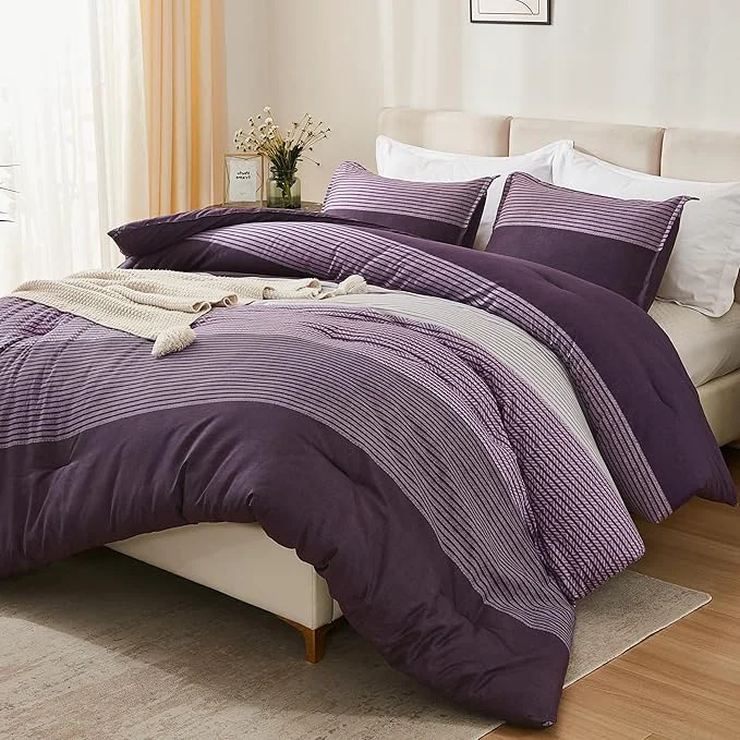 Long-Lasting Litanika Purple Comforter Set Oversized King – 3 Pieces Lightweight Gray Purple Colorblock Stripe Fluffy Bedding Comforter Sets All Season Bed Set Refined