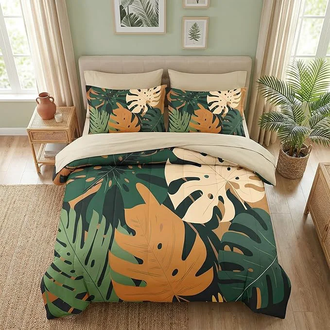 Green Comforter Set Queen Size Bohemian Monstera Leaves 7 Pcs Bedding Set for Kids and Adults Boho Plant Summer Bed Sheet Sets with Fitted Sheet 2 Pillowcase amp 2 Sham for Bedroom Bed Decor Classic