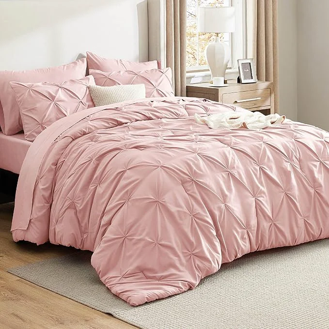 Classic Bedsure Full Comforter Set Pink – Bed in a Bag Full Size Bedding Set 7 Pieces GentleSoft™ Pintuck Bed Set Gift for Family Pinch Pleat All Season Comforter with Sheets Pillowcases amp Shams Optimized