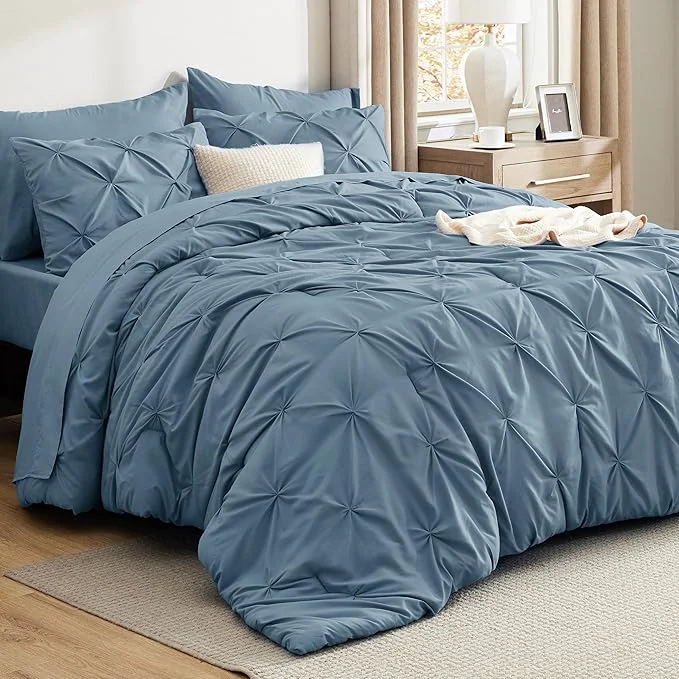 Contemporary Bedsure California King Comforter Set Mineral Blue – Bed in a Bag Cal King Bedding Set 7 PCS GentleSoft™ Pintuck Bed Set Gift for Family Pinch Pleat Blue Comforter with Sheets Pillowcases amp Shams High-Grade
