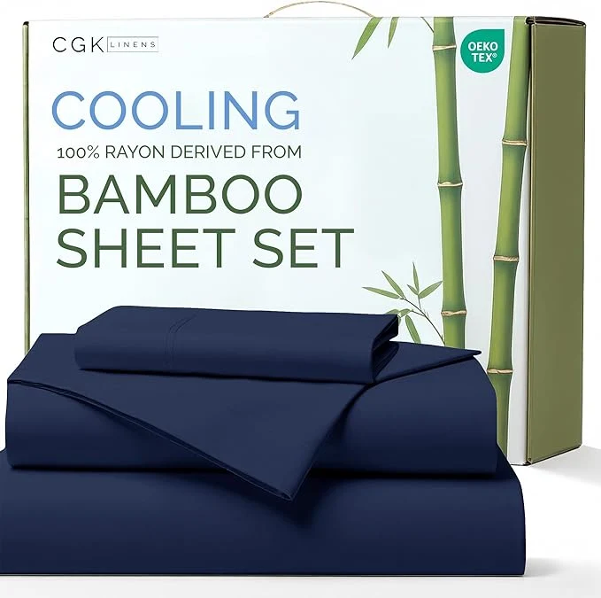 Expertly Made Bed Sheets Twin Size – Cooling Sheets for Twin – Rayon Derived from Bamboo – Soft Breathable amp Hotel Luxury Bedding – 1 Flat amp 1 Fitted and 2 Pillowcases w 16 Inch Deep Pockets – Navy Blue Enhanced