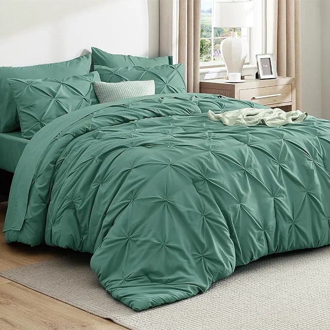 Detailed Bedsure King Size Comforter Set Graysih Green – Bed in a Bag Bedding Set 7 Pieces GentleSoft™ Pintuck Bed Set Gift for Family Pinch Pleat Graysih Green Comforter with Sheets Pillowcases amp Shams Relaxed
