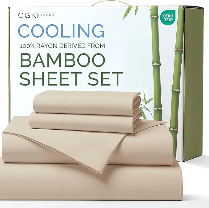 Reusable Rayon Derived From Bamboo – Bamboo Sheets Queen Size – Cooling Sheets for Queen – Ultra Soft Breathable amp Hotel Luxury Bedding – 1 Flat amp 1 Fitted amp 2 Pillowcases w 16 Inch Deep Pockets – Wheat Proven
