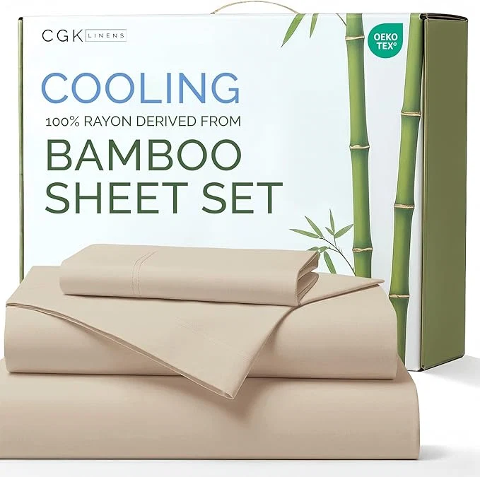 World-Class Rayon Derived From Bamboo – Bamboo Sheets Twin Size – Cooling Sheets for Twin – Ultra Soft Breathable amp Hotel Luxury Bedding – 1 Flat amp 1 Fitted amp 1 Pillowcase w 16 Inch Deep Pockets – Wheat Safe