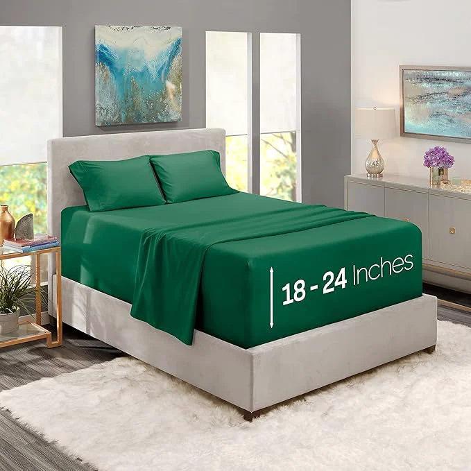 Safe Nestl Twin Size Sheet Set 4 Piece Extra Deep Pocket 18-24 inches Microfiber Hotel Luxury Soft Breathable Wrinkle- Easy to Care Dark Green Practical