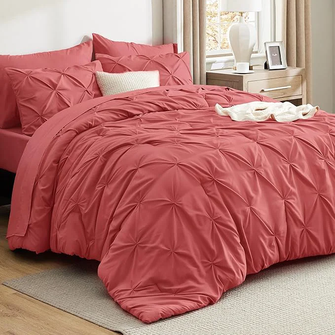 Efficient Bedsure King Size Comforter Set Coral Red – Bed in a Bag Bedding Set 7 Pieces GentleSoft™ Pintuck Bed Set Gift for Family Pinch Pleat Coral Red Comforter with Sheets Pillowcases amp Shams Easy-to-Use