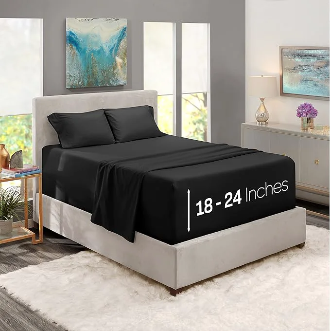 Elite Nestl Queen Size Sheet Set 4 Piece Extra Deep Pocket 18-24 inches Microfiber Hotel Luxury Soft Breathable Wrinkle- Easy to Care Black Excellent