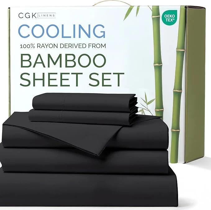 Casual Sheets Split King Size – Cooling Sheets for Split King – Rayon Derived from Bamboo – Ultra Soft Breathable Hotel Luxury – 1 Flat amp 1 Fitted amp 2 Pillowcases w 16 Inch Deep Pockets – Black Proven