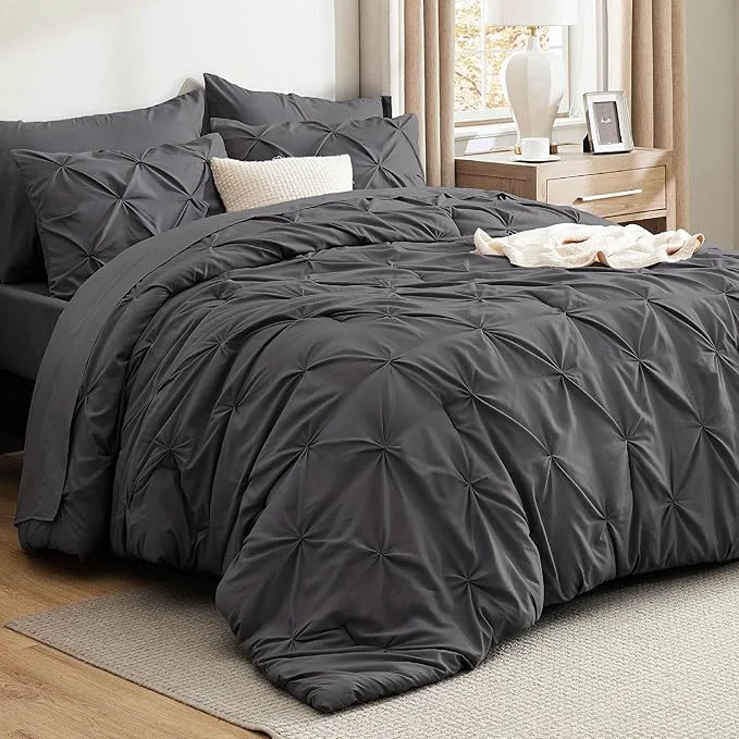 Next-Generation Bedsure California King Comforter Set – Bed in a Bag Cal King Bedding Set 7 PCS GentleSoft™ Pintuck Bed Set Gift for Family Pinch Pleat Dark Grey Comforter with Sheets Pillowcases amp Shams Unique