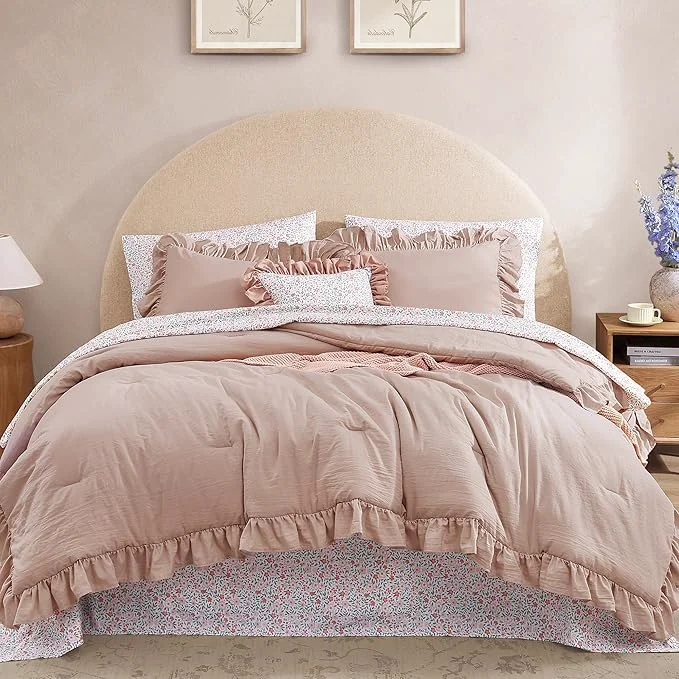 Solid Twin XL Comforter Set – 5 Pieces Ruffle Rose Floral Bedding Sets Shabby Chic Farmhouse Bed in a Bag with Ruffle Comforter Floral Sheets Pillowcase amp Sham Practical