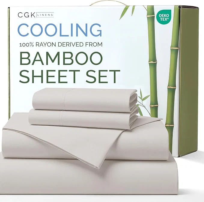 Unique Rayon Derived From Bamboo – Bamboo Sheets Queen Size – Cooling Sheets for Queen – Soft Breathable amp Hotel Luxury Bedding – 1 Flat amp 1 Fitted amp 2 Pillowcases w 16 Inch Deep Pockets – Light Grey Sustainable