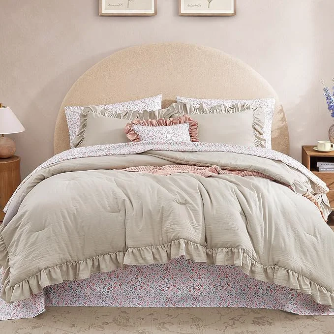Durable King Comforter Set – 7 Pieces Ruffle Beige Bedding Sets Shabby Chic Farmhouse Bed in a Bag King with Ruffle Comforter Floral Sheets Pillowcases amp Shams Long-Lasting