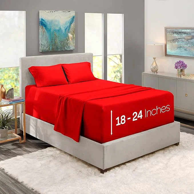 Practical Nestl Twin Size Sheet Set 4 Piece Extra Deep Pocket 18-24 inches Microfiber Hotel Luxury Soft Breathable Wrinkle- Easy to Care Red Stylish