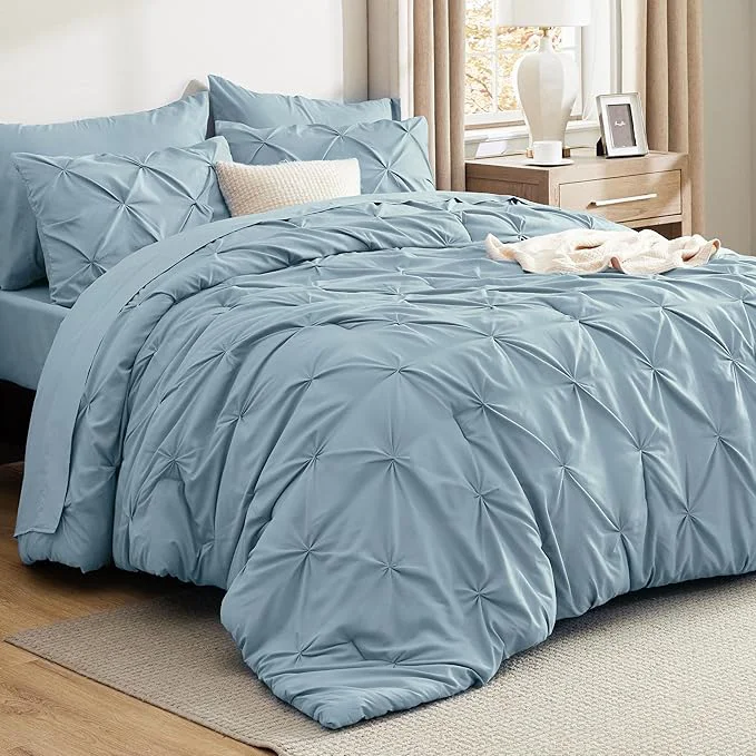 Original Bedsure King Size Comforter Set Light Blue – Bed in a Bag Bedding Set 7 Pieces GentleSoft™ Pintuck Bed Set Gift for Family Pinch Pleat Light Blue Comforter with Sheets Pillowcases amp Shams Elite